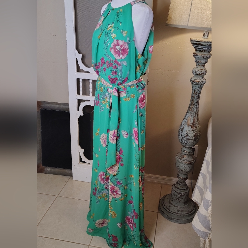 R&K Floral Green Summer Halter Maxi Dress Size 14 - Picture 6 of 10
